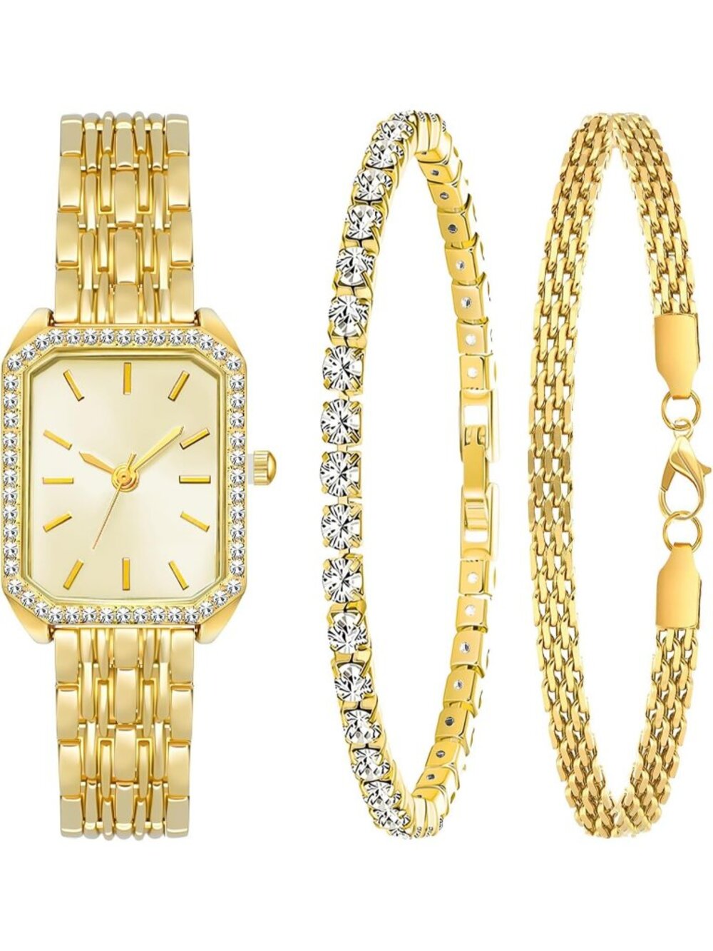 Women's Light Gold Stainless Steel Gold Plated Square Bangle Bracelet Set Watch